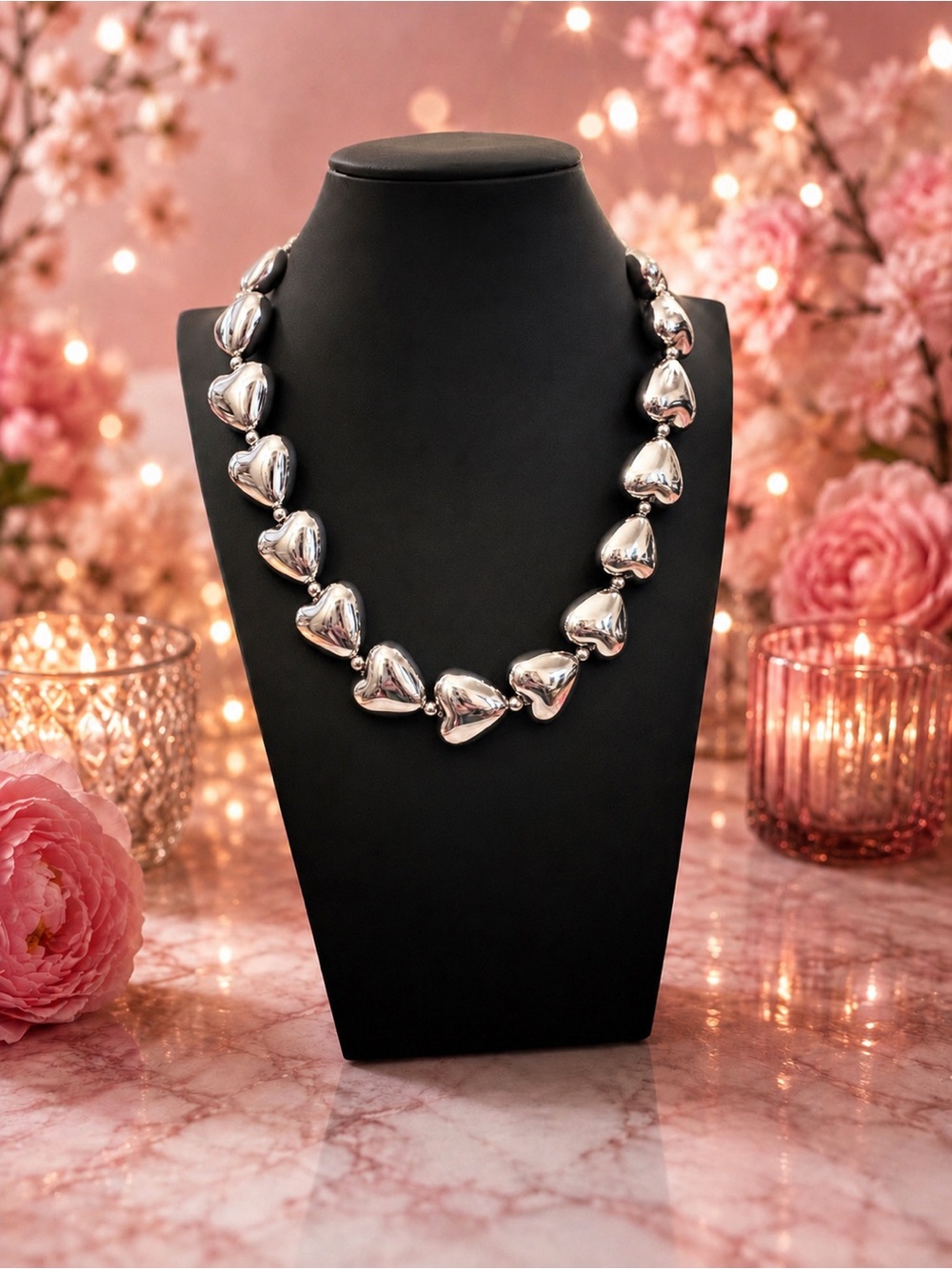 Silver Heart-Link Statement Necklace - Women's Fashion Jewelry NWOT